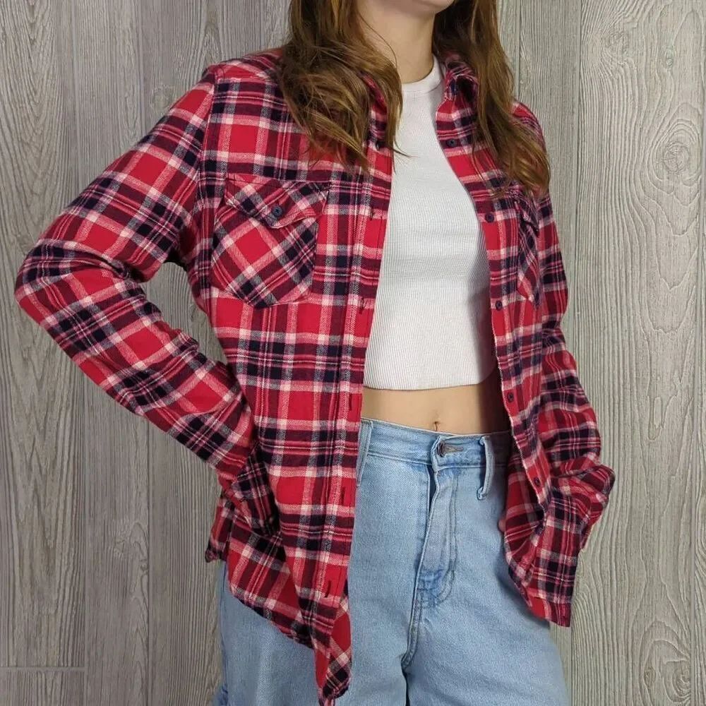 Ci Sono Womens Medium Button Front Flannel Shirt Jacket Red Blue Plaid Pockets